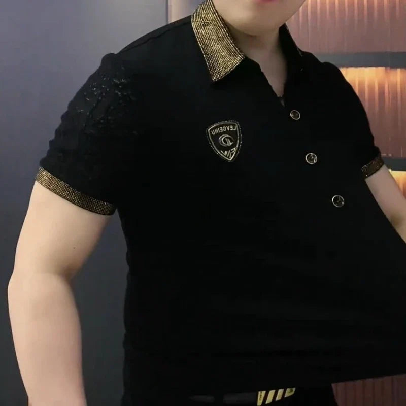 Lace Cotton Sleeve Rhinestone Edge Polo