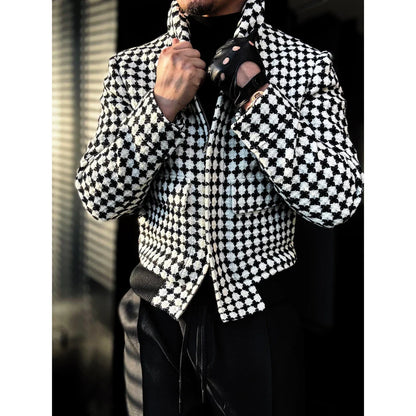 Houndstooth Cinched Hem Stand-up Collar Coat