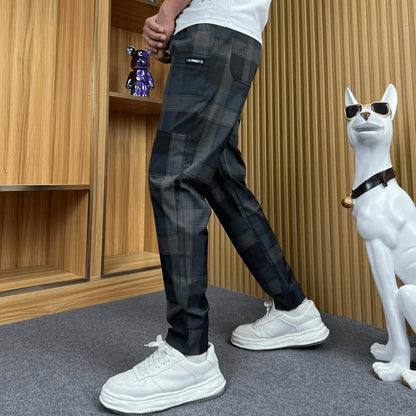 Black Blue Check Stretch Slim Pants