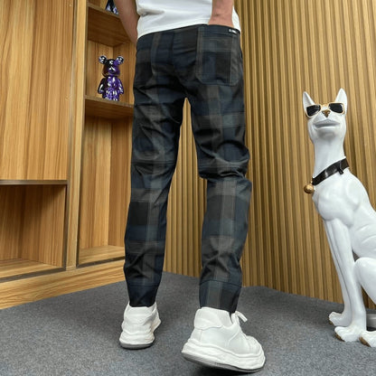 Black Blue Check Stretch Slim Pants