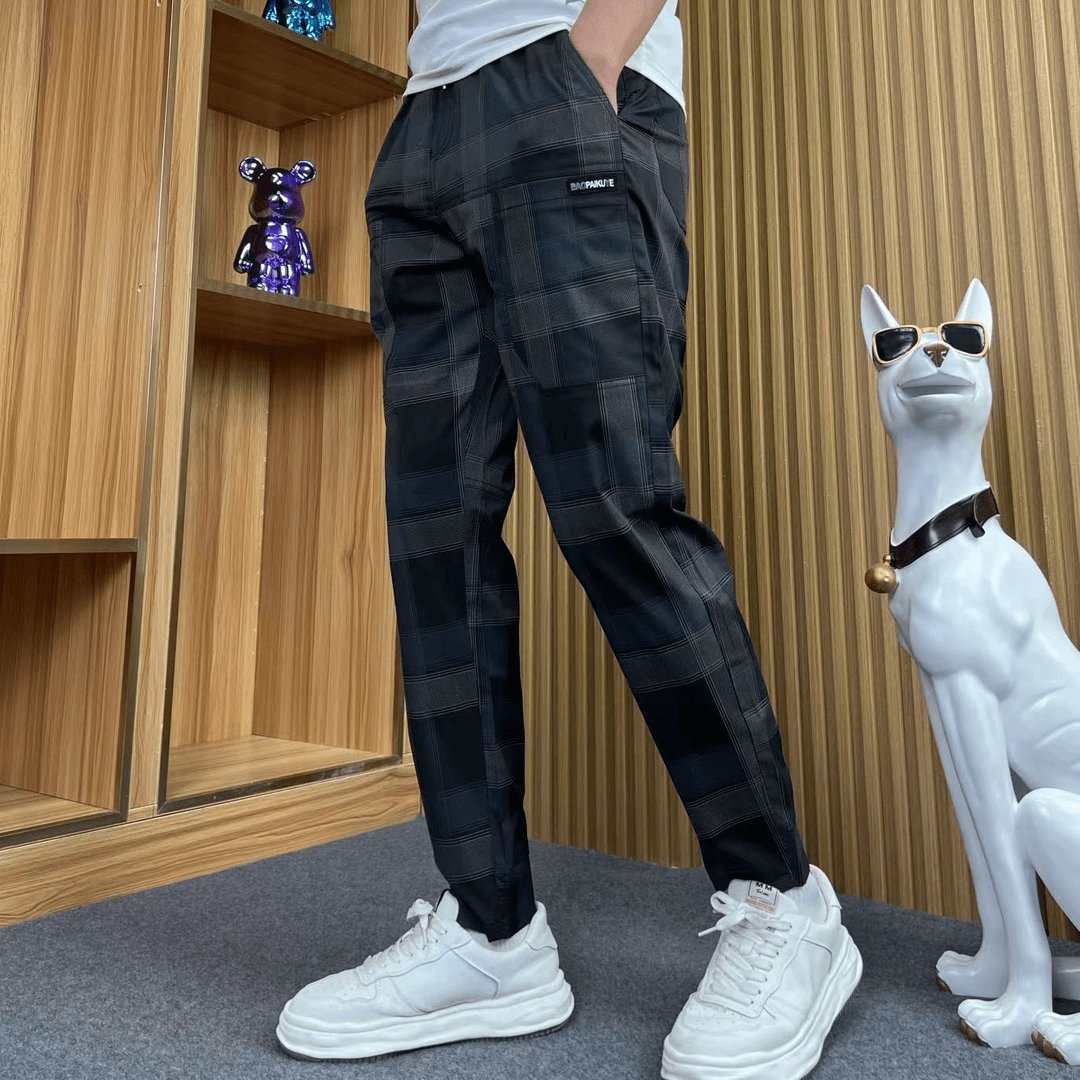 Black Blue Check Stretch Slim Pants