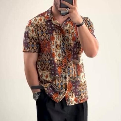 Retro Cashew Flower Full Print Loose Casual Short-Sleeved Shirt