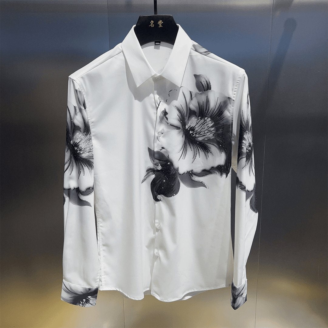 Classic Black and White Floral Rhinestone Shirt